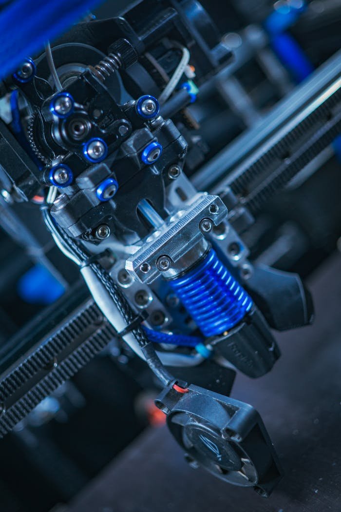 Detailed shot of a modern 3D printers mechanical components, emphasizing technology.